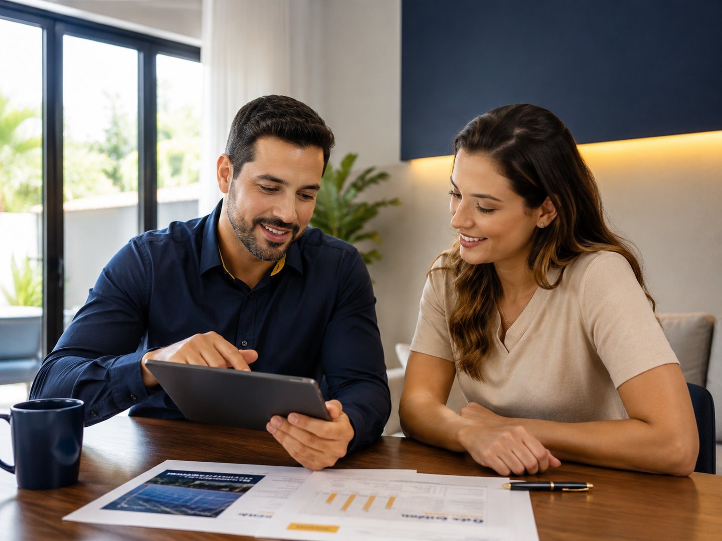 Casal analisando proposta de energia solar com consultor