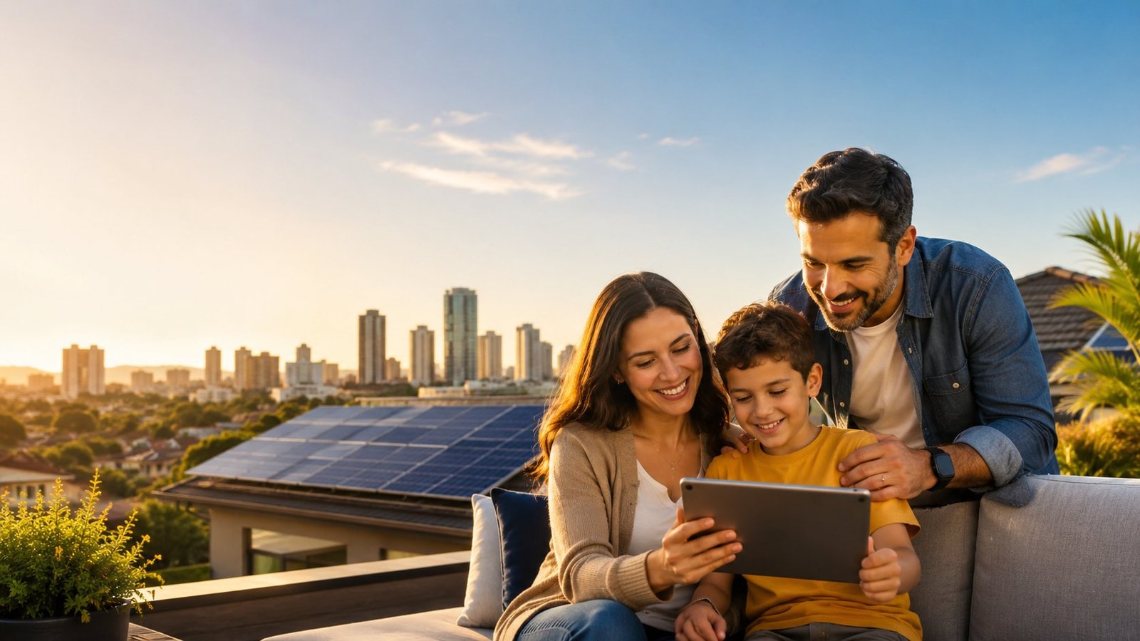 Família feliz com tablet, painéis solares ao fundo