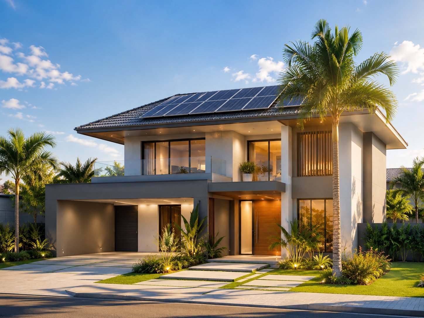 Casa moderna com painéis solares instalados no telhado